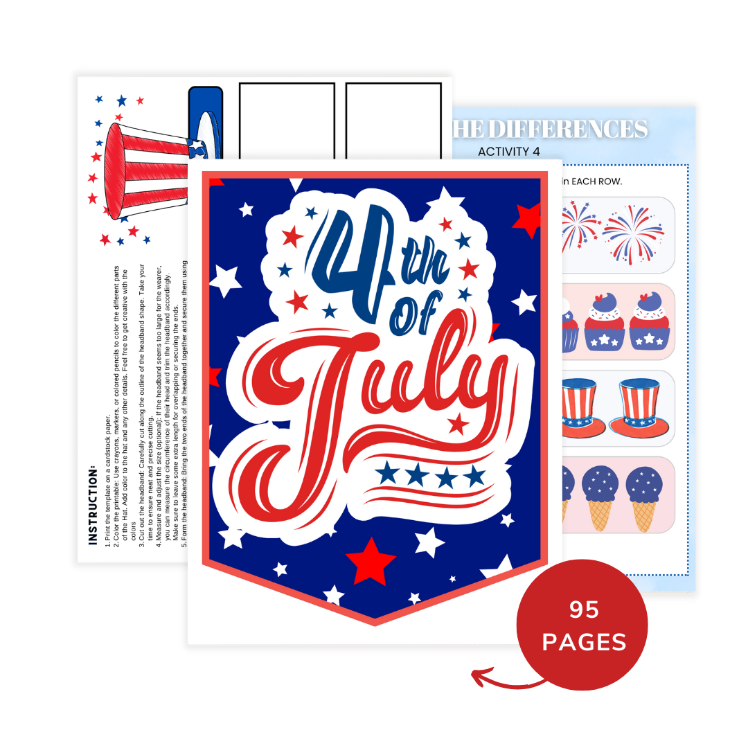 4th of July Printable Activity Pack for Kids 🇺🇸 | Busy Book + Crafts + Banner + Hat + Pinwheel | Patriotic Preschool Fun