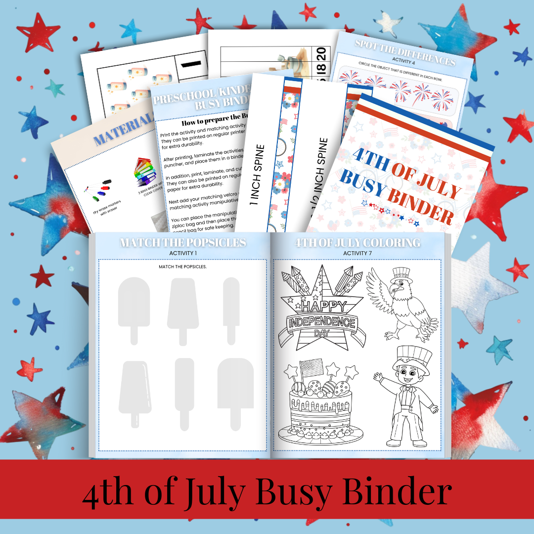 4th of July Printable Activity Pack for Kids 🇺🇸 | Busy Book + Crafts + Banner + Hat + Pinwheel | Patriotic Preschool Fun