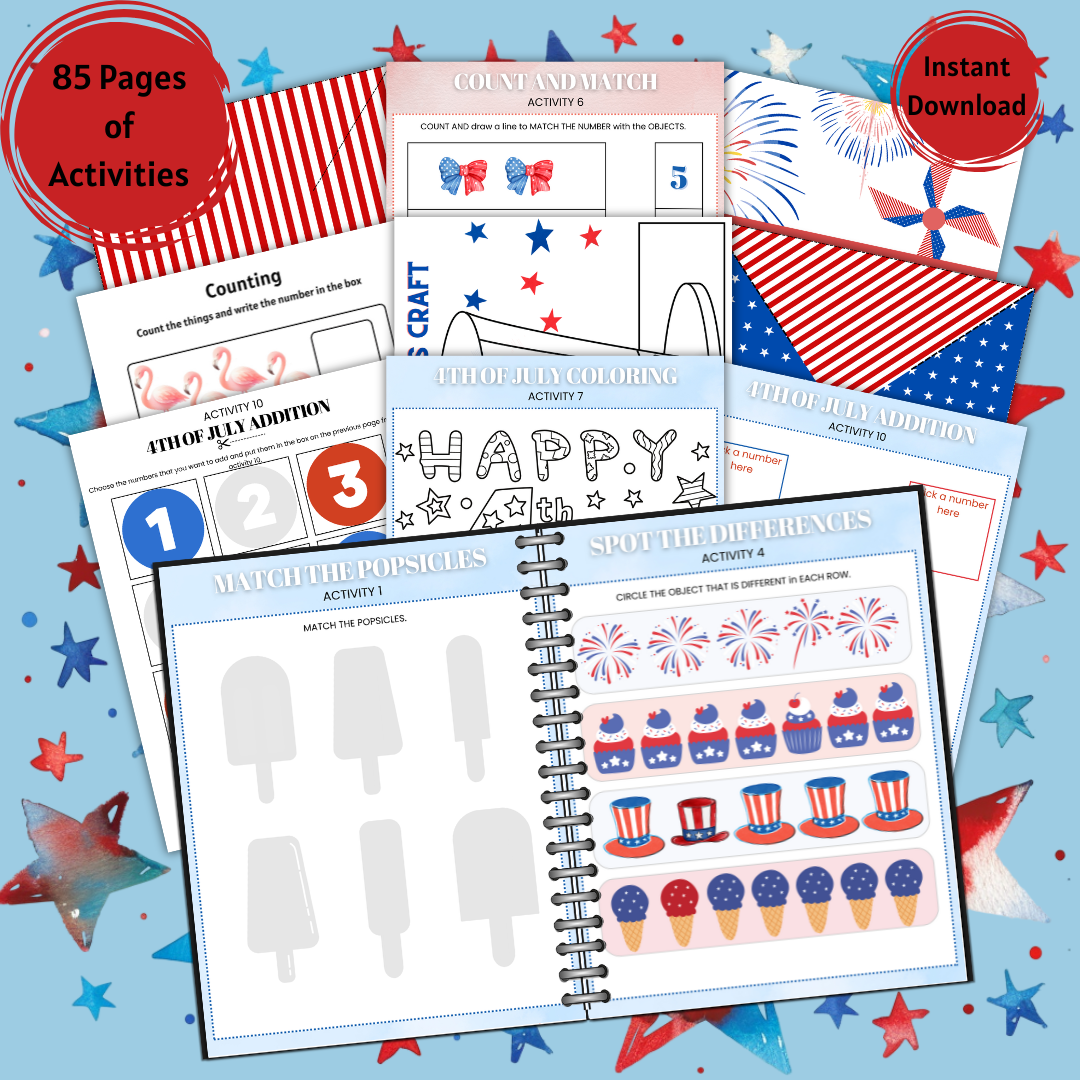 4th of July Printable Activity Pack for Kids 🇺🇸 | Busy Book + Crafts + Banner + Hat + Pinwheel | Patriotic Preschool Fun
