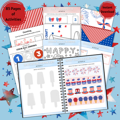 4th of July Printable Activity Pack for Kids 🇺🇸 | Busy Book + Crafts + Banner + Hat + Pinwheel | Patriotic Preschool Fun