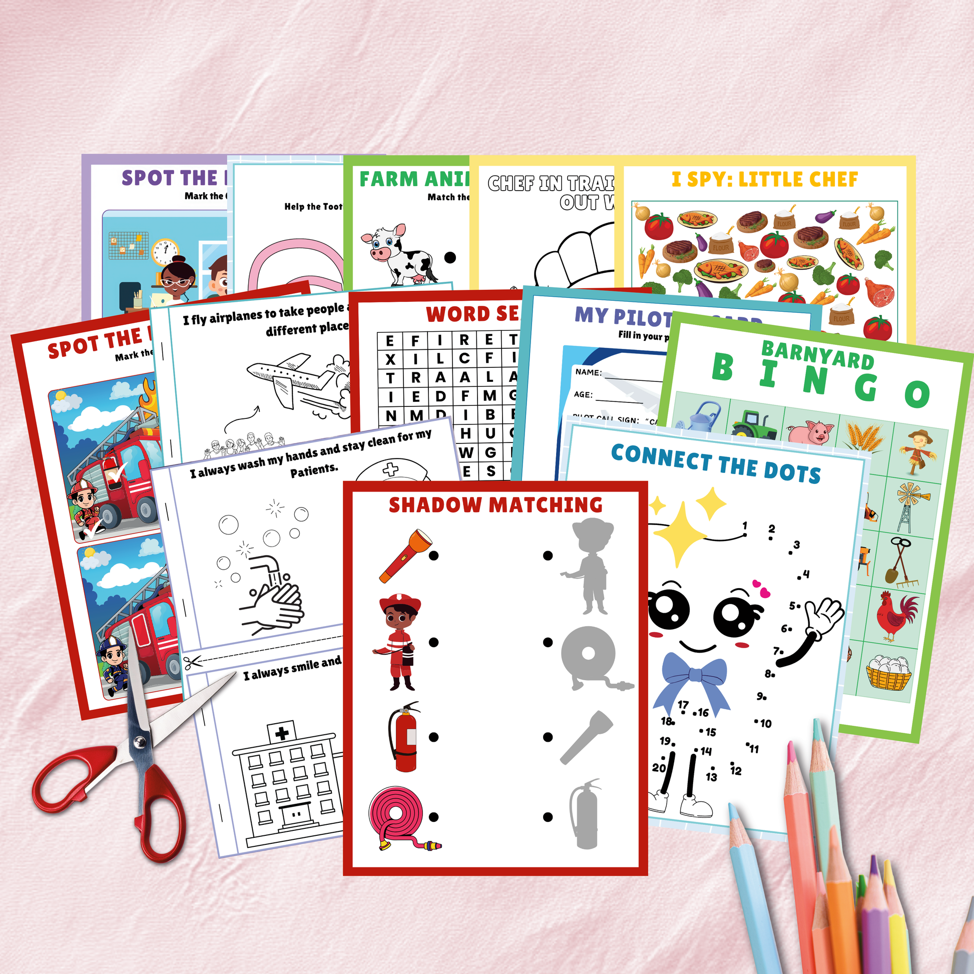 100+ pages with doctor, firefighter, farmer, dentist worksheets